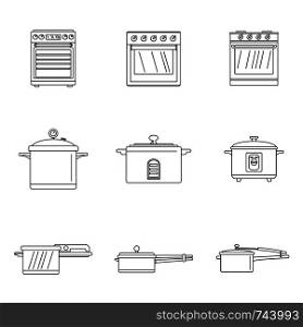 Cooker oven stove pan burner icons set. Outline illustration of 9 cooker oven stove pan burner vector icons for web. Cooker oven stove pan icons set outline style