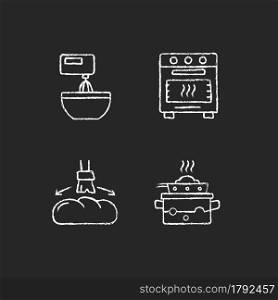 Cookery chalk white icons set on dark background. Beating as cooking instruction. Bake in oven. Greasing bread loaf. Food preparation process. Isolated vector chalkboard illustrations on black. Cookery chalk white icons set on dark background