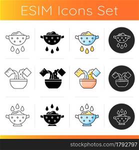 Cookery icons set. Drain water from rice. Mix ingredients for dough. Rinse products. Guide step for preparing food. Linear, black and RGB color styles. Isolated vector illustrations. Cookery icons set