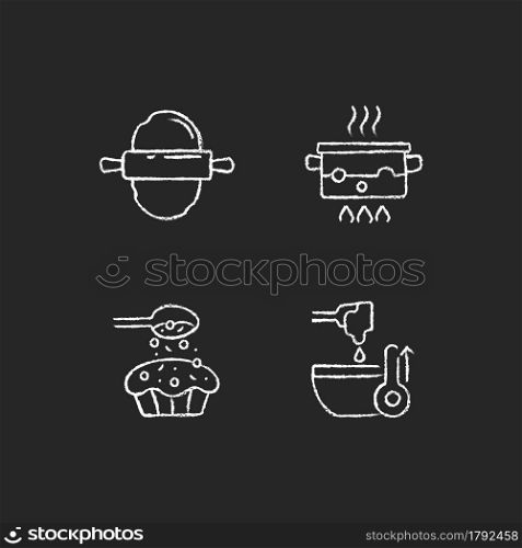 Cookery instructions chalk white icons set on dark background. Roll out dough. Boiling water in pot. Sprinkle on cupcake. Melt cream. Cooking process. Isolated vector chalkboard illustrations on black. Cookery instructions chalk white icons set on dark background