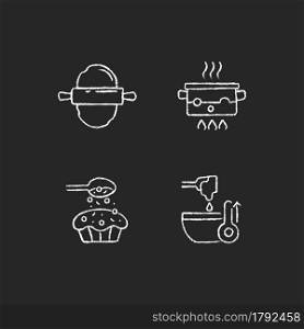 Cookery instructions chalk white icons set on dark background. Roll out dough. Boiling water in pot. Sprinkle on cupcake. Melt cream. Cooking process. Isolated vector chalkboard illustrations on black. Cookery instructions chalk white icons set on dark background