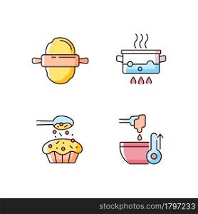 Cookery instructions RGB color icons set. Roll out dough. Boiling water in pot. Sprinkle on cupcake. Melt cream. Cooking process. Isolated vector illustrations. Simple filled line drawings collection. Cookery instructions RGB color icons set