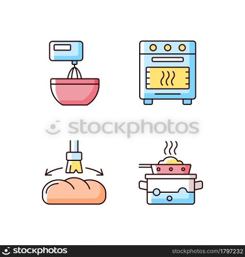 Cookery RGB color icons set. Beating as cooking instruction. Bake in oven. Greasing bread loaf. Food preparation process. Isolated vector illustrations. Simple filled line drawings collection. Cookery RGB color icons set