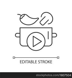 Cookery show linear icon. Cooking tutorial. Food preparing program on television. Watch chef show. Thin line customizable illustration. Contour symbol. Vector isolated outline drawing. Editable stroke. Cookery show linear icon
