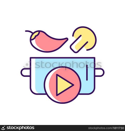 Cookery show RGB color icon. Cooking tutorial. Food preparing program on television. Media entertainment genre. Watch chef show. Isolated vector illustration. Simple filled line drawing. Cookery show RGB color icon
