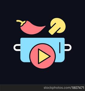 Cookery show RGB color icon for dark theme. Cooking tutorial. Food preparing program on television. Isolated vector illustration on night mode background. Simple filled line drawing on black. Cookery show RGB color icon for dark theme