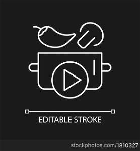 Cookery show white linear icon for dark theme. Cooking tutorial. Food preparing on television. Thin line customizable illustration. Isolated vector contour symbol for night mode. Editable stroke. Cookery show white linear icon for dark theme