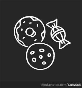 Cookie and candy chalk white icon on black background. Sweets products. Donut with icing. Bakery goods. Biscuit with chocolate chips. Tasty treats. Isolated vector chalkboard illustration. Cookie and candy chalk white icon on black background