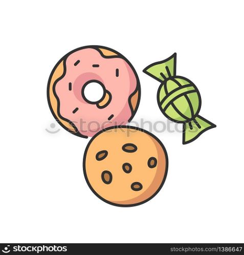 Cookie and candy RGB color icon. Sweets products. Donut with icing. Bakery goods. Biscuit with chocolate chips. Tasty treats. Delicious dessert. Confectionary store. Isolated vector illustration. Cookie and candy RGB color icon
