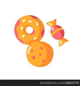 Cookie and candy vector flat color icon. Sweets products. Donut with icing. Bakery goods. Treats, desserts. Confectionary store. Cartoon style clip art for mobile app. Isolated RGB illustration. Cookie and candy vector flat color icon