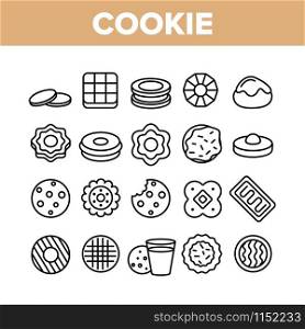 Cookie Baked Dessert Collection Icons Set Vector Thin Line. Bite Cookie And With Milk Glass, Biscuit With Cream And Waffle, Sweet Breakfast Concept Linear Pictograms. Monochrome Contour Illustrations. Cookie Baked Dessert Collection Icons Set Vector
