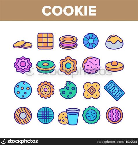 Cookie Baked Dessert Collection Icons Set Vector Thin Line. Bite Cookie And With Milk Glass, Biscuit With Cream And Waffle, Sweet Breakfast Concept Linear Pictograms. Color Contour Illustrations. Cookie Baked Dessert Collection Icons Set Vector