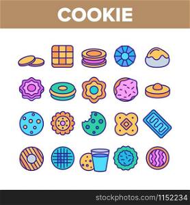 Cookie Baked Dessert Collection Icons Set Vector Thin Line. Bite Cookie And With Milk Glass, Biscuit With Cream And Waffle, Sweet Breakfast Concept Linear Pictograms. Color Contour Illustrations. Cookie Baked Dessert Collection Icons Set Vector