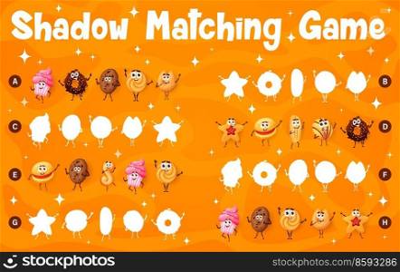 Cookie, desserts and bakery characters shadow match game worksheet. Cartoon vector kids riddle with shortbread, donut, cupcake, star, muffin personages. Riddle page for logic and mind development. Cookie, desserts or bakery characters shadow match