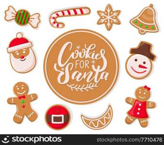 Cookie for Santa Claus candy lollipop with stripes stick vector. Snowflake and bell, gingerbread man, candy and snowman female in costume biscuits. Cookie for Santa Claus Candy Lollipop Stripes
