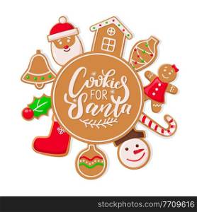 Cookie for Santa Claus gingerbread man and woman vector. Sweet biscuits socks and house made of ginger, candy striped lollipop and bauble snowman. Cookie for Santa Claus Gingerbread Man and Woman