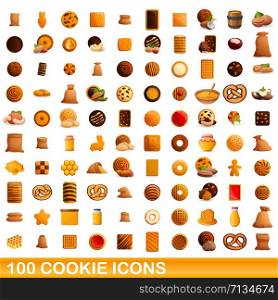 Cookie icons set. Cartoon set of 100 cookie vector icons for web isolated on white background. Cookie icons set, cartoon style