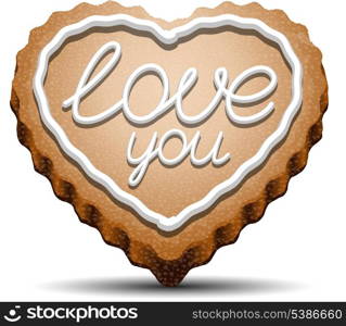 Cookie in the shape of a heart with the inscription &quot;love you&quot;.