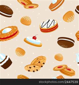 Cookies and biscuits seamless pattern with cupcakes cakes and crunchy desserts with fruits vector illustration. cookies seamless pattern