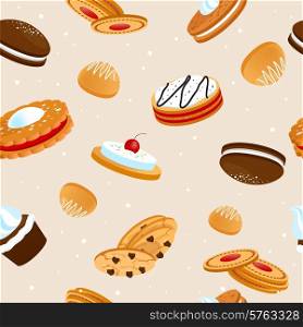 Cookies and biscuits seamless pattern with cupcakes cakes and crunchy desserts with fruits vector illustration