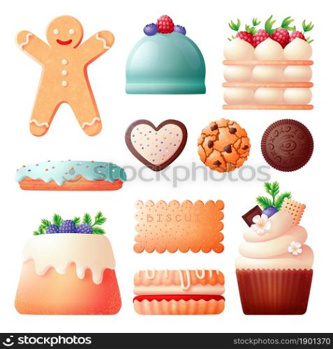Cookies and cakes. Sweet biscuit, cookie birthday and christmas. Bakery food, gingerbread and chocolate dessert. Creamy pastry swanky vector set on white. Cookies and cakes. Sweet biscuit, cookie birthday and christmas. Bakery food, gingerbread and chocolate dessert. Creamy pastry swanky vector set