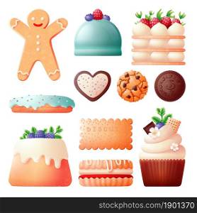 Cookies and cakes. Sweet biscuit, cookie birthday and christmas. Bakery food, gingerbread and chocolate dessert. Creamy pastry swanky vector set on white. Cookies and cakes. Sweet biscuit, cookie birthday and christmas. Bakery food, gingerbread and chocolate dessert. Creamy pastry swanky vector set