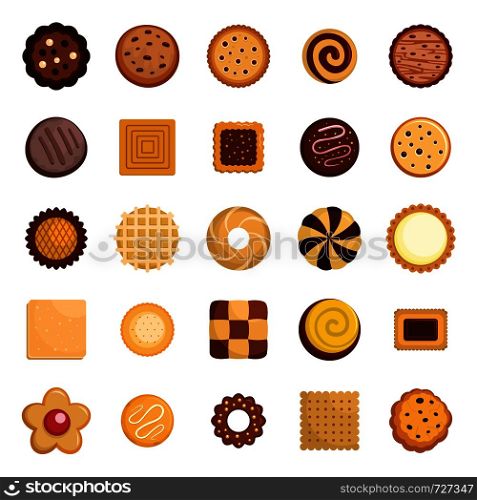 Cookies biscuit icons set. Flat illustration of 25 cookies biscuit vector icons for web. Cookies biscuit icons set, flat style