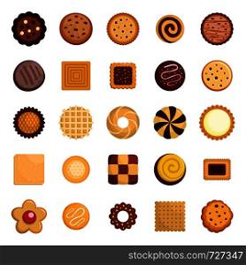 Cookies biscuit icons set. Flat illustration of 25 cookies biscuit vector icons for web. Cookies biscuit icons set, flat style