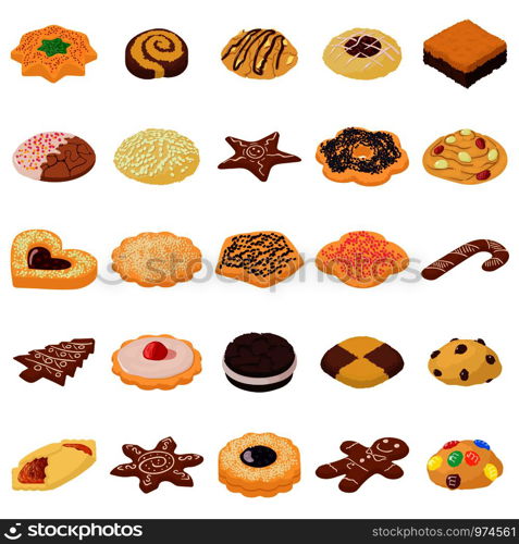 Cookies biscuit icons set. Isometric illustration of 25 cookies biscuit vector icons for web. Cookies biscuit icons set, isometric style