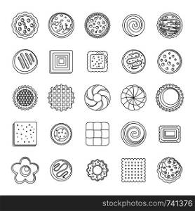Cookies biscuit icons set. Outline illustration of 25 cookies biscuit vector icons for web. Cookies biscuit icons set, outline style