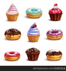Cookies biscuits cupcakes donuts realistic 3d collection with isolated icons of colourful confectionery products with shadows vector illustration. Cookie Sweets Icon Set