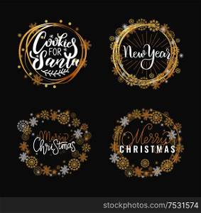 Cookies for Santa, Merry Christmas and happy holidays inscription, warm wishes on New Year, lettering signs. Calligraphic doodles in wreath of snowflakes. Merry Christmas, Happy Holidays Inscription Wishes