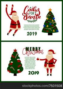 Cookies for Santa, Merry Christmas greeting card on 2019 New Year holiday. Father Frost merrily jumping, showing ok gesture, evergreen spruce tree vector. Cookies for Santa, Merry Christmas Greetings 2019