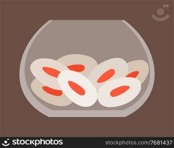 Cookies in bowl, biscuit in deep transparent vase. Almond cookie with nuts. Sweet white candy with filling flat vector illustration. Candy store decor element, bakery production traditional delicious. Cookies in bowl, biscuit in deep transparent vase. Almond cookie with nuts. Sweet white candy filled