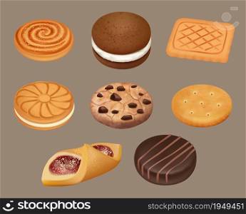 Cookies. Realistic delicious sugar cookies decent vector illustrations. Snack dessert, chocolate taste crunchy cookies. Cookies. Realistic delicious sugar cookies decent vector illustrations