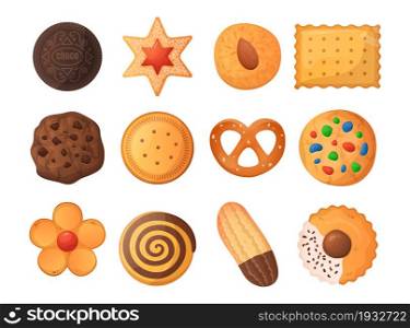 Cookies set. Top view of sweet biscuit and cake. Isolated gingerbread and cracker. Round chocolate shortbread. Butter bakery and pastry. Baked confectioneries. Yummy snacks. Vector dessert collection. Cookies set. Top view of sweet biscuit and cake. Gingerbread and cracker. Chocolate shortbread. Butter bakery and pastry. Baked confectioneries. Yummy snacks. Vector dessert collection