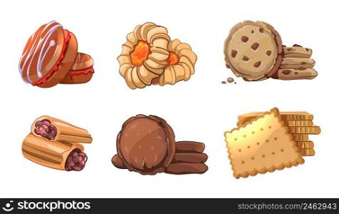 Cookies vector icons set in cartoon style. Bakery element, snack nutrition, tasty dessert, roll yummy, pastry eat illustration. Cookies vector icons set in cartoon style