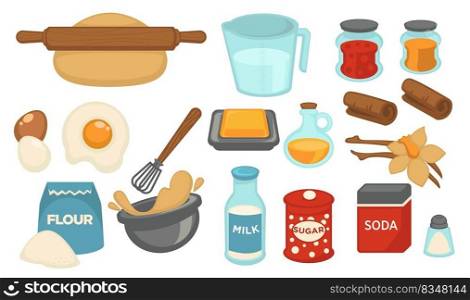 Cooking and baking, preparing food ingredients for meal. Flour and eggs, baking soda and spices, butter and milk, salt and vanilla extract with cinnamon. Bakery or do it yourself. Vector in flat style. Baking ingredients, flour and spices for cooking