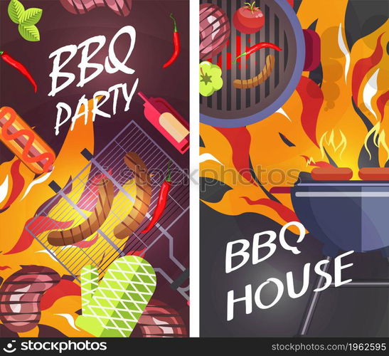 Cooking and grilling vegetables and meat, bbq party for leisure. Tasty menu in restaurant or cafe, home food preparation on weekend. Sausages and fresh tomato and veggies. Vector in flat style. Bbq party, grilled meat and vegetables on fire