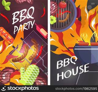 Cooking and grilling vegetables and meat, bbq party for leisure. Tasty menu in restaurant or cafe, home food preparation on weekend. Sausages and fresh tomato and veggies. Vector in flat style. Bbq party, grilled meat and vegetables on fire