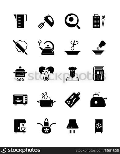 Cooking and kitchen equipment black silhouette vector icons. Cooking utensil silhouette, kitchen tool pan and pot illustration. Cooking and kitchen equipment black silhouette vector icons