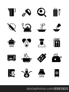 Cooking and kitchen equipment black silhouette vector icons. Cooking utensil silhouette, kitchen tool pan and pot illustration. Cooking and kitchen equipment black silhouette vector icons