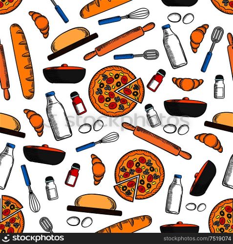 Cooking and kitchen utensils seamless background. Wallpaper with vector pattern icons of pizza, bread bagel, croissant, salt, pepper, rolling pin, whisk, milk bottle, eggs, spatula, frying pan. Cooking and kitchen utensils seamless background
