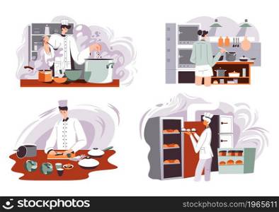 Cooking and preparing food in kitchen, restaurant or cafe, bistro or bakery shop or store. People wearing uniforms making buns and pastry, salads or healthy menu dishes. Vector in flat style. Restaurant or cafe cooking, chef in kitchen vector