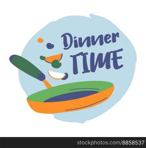 Cooking and preparing meal, dishes for breakfast or dinner, lunch or snacks. Frying vegetables on pan, culinary classes for teaching new skills. Cuisine tasty food, banner. Vector in flat style. Dinner time, cooking meal frying on pan vector
