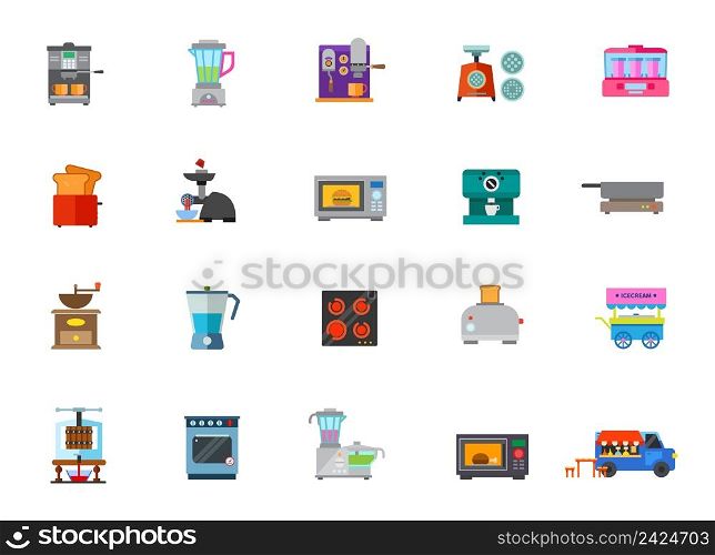 Cooking appliances icon set. Coffee Machine Blender Mincing Machine Yogurt Maker Toaster Electric Meat Grinder Microwave Oven Coffee Mill Ice Cream Cart Creating Wine Food Processor Food Truck Cooker