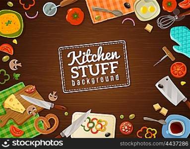 Cooking Background With Kitchen Stuff. Cooking background with decorative frame containing kitchen stuff food in plates and vegetables on chopping boards vector illustration