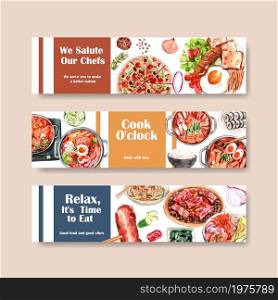 Cooking banner template design for brochure,web and leaflet watercolor illustration