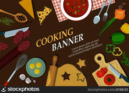 Cooking banner with kitchenware in flat style. Cooking banner with kitchenware