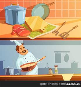 Cooking Banners Set . Cooking cartoon horizontal banners set with chef and kitchen utensils isolated vector illustration